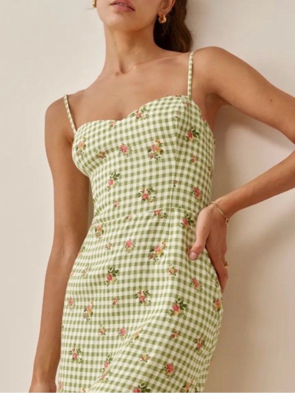 Reformation Linen Light Green Gingham Floral Midi Dress